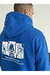 Erkek Kapüşonlu Oversize Hoodie – Üç İplik Pamuklu, Astronot Temalı Renkli Dünya Baskılı, Kanguru Cepli Premium Sweatshirt - Saks Mavi