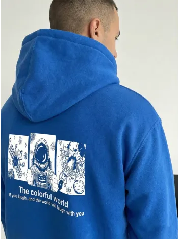 Erkek Kapüşonlu Oversize Hoodie – Üç İplik Pamuklu, Astronot Temalı Renkli Dünya Baskılı, Kanguru Cepli Premium Sweatshirt - Saks Mavi