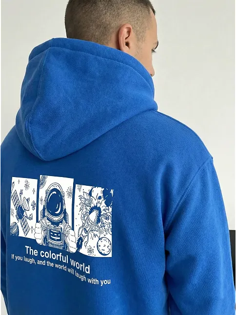 Erkek Kapüşonlu Oversize Hoodie – Üç İplik Pamuklu, Astronot Temalı Renkli Dünya Baskılı, Kanguru Cepli Premium Sweatshirt - Saks Mavi