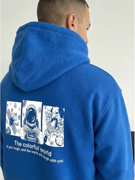 Erkek Kapüşonlu Oversize Hoodie – Üç İplik Pamuklu, Astronot Temalı Renkli Dünya Baskılı, Kanguru Cepli Premium Sweatshirt - Saks Mavi Erkek Kapüşonlu Oversize Hoodie – Üç İplik Pamuklu, Astronot Temalı Renkli Dünya Baskılı, Kanguru Cepli Premium Sweatshirt - Saks Mavi