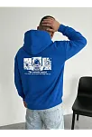 Erkek Kapüşonlu Oversize Hoodie – Üç İplik Pamuklu, Astronot Temalı Renkli Dünya Baskılı, Kanguru Cepli Premium Sweatshirt - Saks Mavi