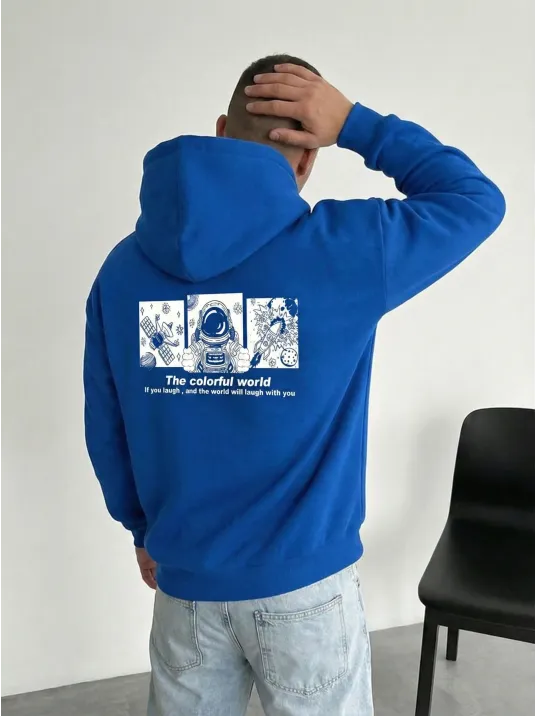 Erkek Kapüşonlu Oversize Hoodie – Üç İplik Pamuklu, Astronot Temalı Renkli Dünya Baskılı, Kanguru Cepli Premium Sweatshirt - Saks Mavi Erkek Kapüşonlu Oversize Hoodie – Üç İplik Pamuklu, Astronot Temalı Renkli Dünya Baskılı, Kanguru Cepli Premium Sweatshirt - Saks Mavi