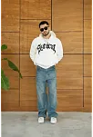 Erkek Kapüşonlu 3 İplik Şardonlu Önü Baskılı Fermuarlı Oversize Sweatshirt - Beyaz