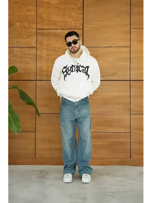 Erkek Kapüşonlu 3 İplik Şardonlu Önü Baskılı Fermuarlı Oversize Sweatshirt - Beyaz