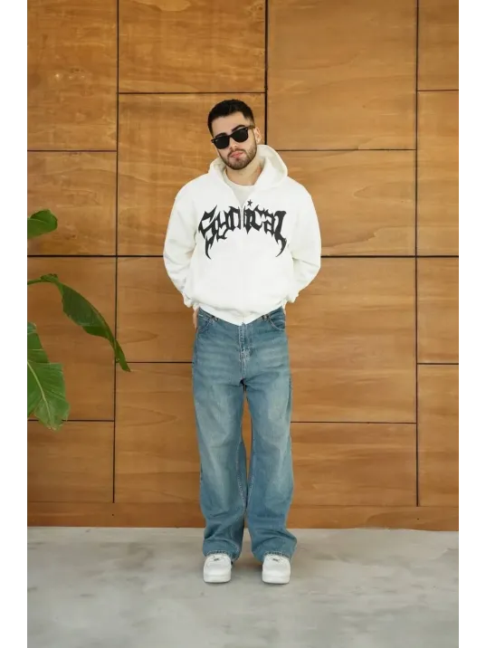 Erkek Kapüşonlu Sweatshirt Hoodie 3 İplik Şardonlu Pamuklu Kumaş, Önü Baskılı, Fermuarlı Rahat Kalıp, Kışlık ve Sokak Stili Sweat - Beyaz Erkek Kapüşonlu Sweatshirt Hoodie 3 İplik Şardonlu Pamuklu Kumaş, Önü Baskılı, Fermuarlı Rahat Kalıp, Kışlık ve Sokak Stili Sweat - Beyaz