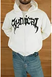 Erkek Kapüşonlu 3 İplik Şardonlu Önü Baskılı Fermuarlı Oversize Sweatshirt - Beyaz