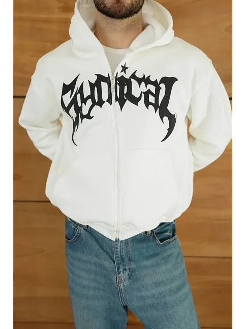 Erkek Kapüşonlu 3 İplik Şardonlu Önü Baskılı Fermuarlı Oversize Sweatshirt - Beyaz