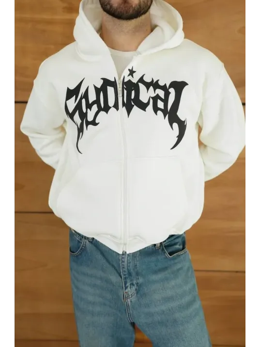 Erkek Kapüşonlu Sweatshirt Hoodie 3 İplik Şardonlu Pamuklu Kumaş, Önü Baskılı, Fermuarlı Rahat Kalıp, Kışlık ve Sokak Stili Sweat - Beyaz Erkek Kapüşonlu Sweatshirt Hoodie 3 İplik Şardonlu Pamuklu Kumaş, Önü Baskılı, Fermuarlı Rahat Kalıp, Kışlık ve Sokak Stili Sweat - Beyaz