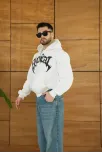 Erkek Kapüşonlu 3 İplik Şardonlu Önü Baskılı Fermuarlı Oversize Sweatshirt - Beyaz Erkek Kapüşonlu 3 İplik Şardonlu Önü Baskılı Fermuarlı Oversize Sweatshirt - Beyaz