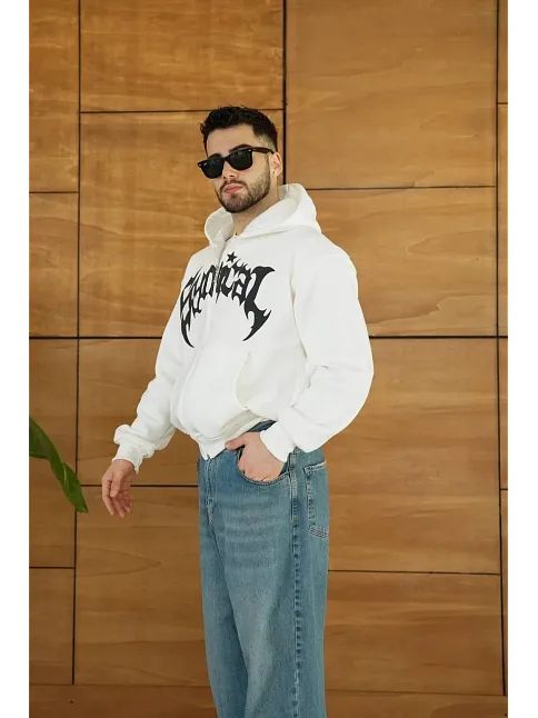 Erkek Kapüşonlu 3 İplik Şardonlu Önü Baskılı Fermuarlı Oversize Sweatshirt - Beyaz