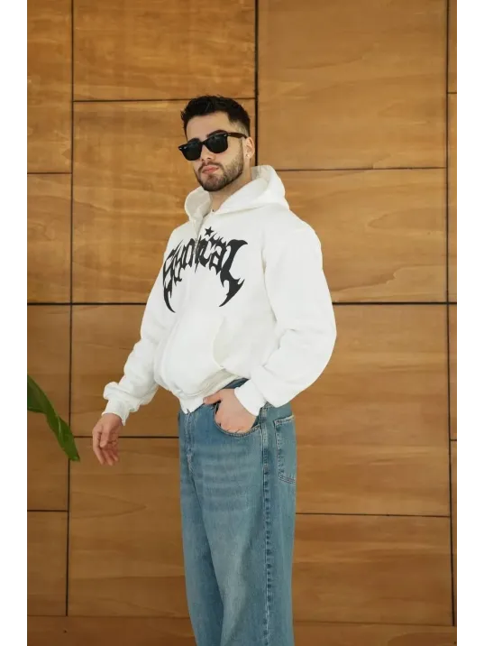 Erkek Kapüşonlu Sweatshirt Hoodie 3 İplik Şardonlu Pamuklu Kumaş, Önü Baskılı, Fermuarlı Rahat Kalıp, Kışlık ve Sokak Stili Sweat - Beyaz Erkek Kapüşonlu Sweatshirt Hoodie 3 İplik Şardonlu Pamuklu Kumaş, Önü Baskılı, Fermuarlı Rahat Kalıp, Kışlık ve Sokak Stili Sweat - Beyaz