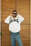 Erkek Kapüşonlu 3 İplik Şardonlu Önü Baskılı Fermuarlı Oversize Sweatshirt - Beyaz
