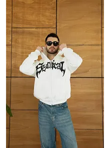 Erkek Kapüşonlu 3 İplik Şardonlu Önü Baskılı Fermuarlı Oversize Sweatshirt - Beyaz