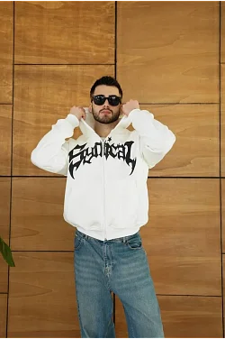 Erkek Kapüşonlu 3 İplik Şardonlu Önü Baskılı Fermuarlı Oversize Sweatshirt - Beyaz