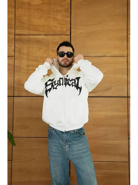 Erkek Kapüşonlu 3 İplik Şardonlu Önü Baskılı Fermuarlı Oversize Sweatshirt - Beyaz