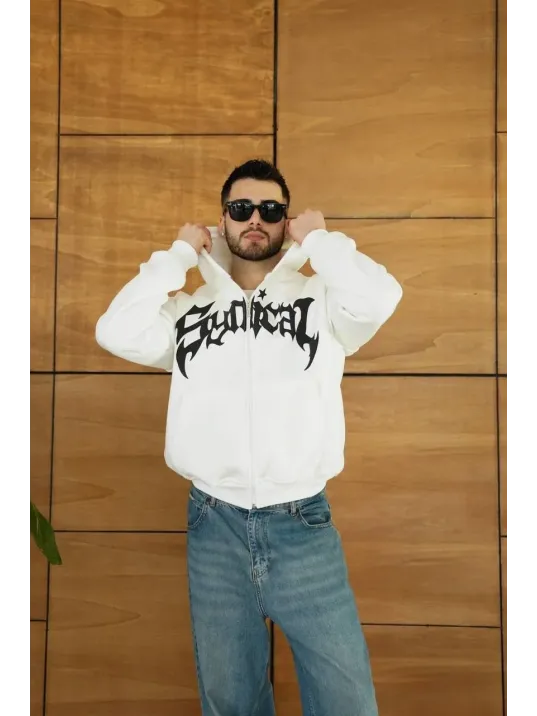 Erkek Kapüşonlu Sweatshirt Hoodie 3 İplik Şardonlu Pamuklu Kumaş, Önü Baskılı, Fermuarlı Rahat Kalıp, Kışlık ve Sokak Stili Sweat - Beyaz Erkek Kapüşonlu Sweatshirt Hoodie 3 İplik Şardonlu Pamuklu Kumaş, Önü Baskılı, Fermuarlı Rahat Kalıp, Kışlık ve Sokak Stili Sweat - Beyaz