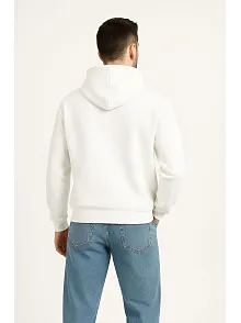 Erkek Kapüşonlu 3 İplik Şardonlu Önü Baskılı Fermuarlı Oversize Sweatshirt - Beyaz