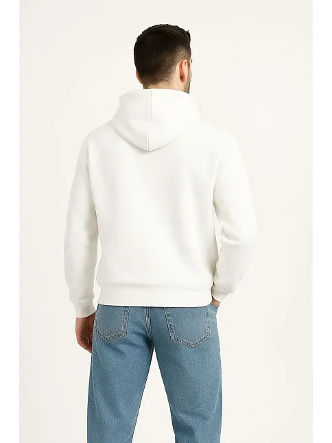 Erkek Kapüşonlu 3 İplik Şardonlu Önü Baskılı Fermuarlı Oversize Sweatshirt - Beyaz