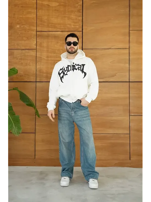 Erkek Kapüşonlu 3 İplik Şardonlu Önü Baskılı Fermuarlı Oversize Sweatshirt - Beyaz