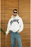 Erkek Kapüşonlu 3 İplik Şardonlu Önü Baskılı Fermuarlı Oversize Sweatshirt - Beyaz