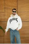 Erkek Kapüşonlu 3 İplik Şardonlu Önü Baskılı Fermuarlı Oversize Sweatshirt - Beyaz Erkek Kapüşonlu 3 İplik Şardonlu Önü Baskılı Fermuarlı Oversize Sweatshirt - Beyaz