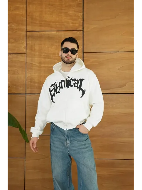 Erkek Kapüşonlu 3 İplik Şardonlu Önü Baskılı Fermuarlı Oversize Sweatshirt - Beyaz