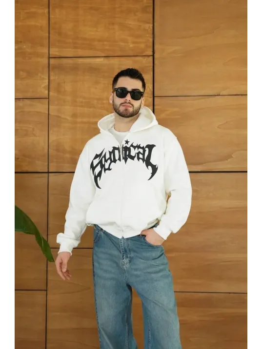 Erkek Kapüşonlu Sweatshirt Hoodie 3 İplik Şardonlu Pamuklu Kumaş, Önü Baskılı, Fermuarlı Rahat Kalıp, Kışlık ve Sokak Stili Sweat - Beyaz Erkek Kapüşonlu Sweatshirt Hoodie 3 İplik Şardonlu Pamuklu Kumaş, Önü Baskılı, Fermuarlı Rahat Kalıp, Kışlık ve Sokak Stili Sweat - Beyaz