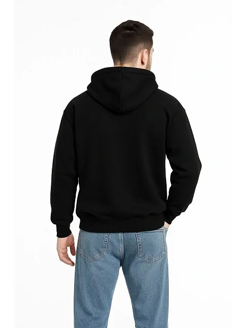 Erkek Kapüşonlu 3 İplik Şardonlu Önü Baskılı Fermuarlı Oversize Sweatshirt - Siyah