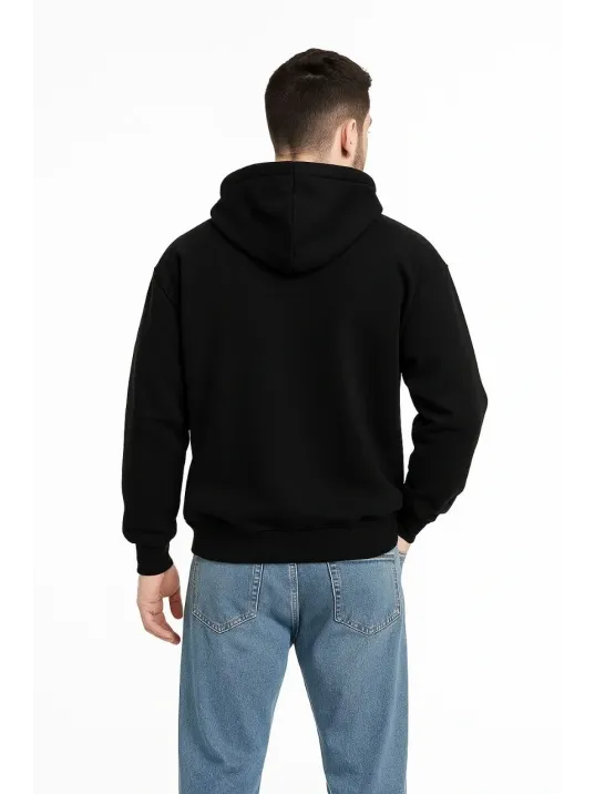 Erkek Kapüşonlu Sweatshirt Hoodie 3 İplik Şardonlu Pamuklu Kumaş, Önü Baskılı, Fermuarlı Rahat Kalıp, Kışlık ve Sokak Stili Sweat - Siyah Erkek Kapüşonlu Sweatshirt Hoodie 3 İplik Şardonlu Pamuklu Kumaş, Önü Baskılı, Fermuarlı Rahat Kalıp, Kışlık ve Sokak Stili Sweat - Siyah