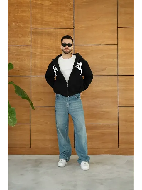 Erkek Kapüşonlu 3 İplik Şardonlu Önü Baskılı Fermuarlı Oversize Sweatshirt - Siyah