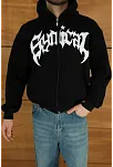 Erkek Kapüşonlu 3 İplik Şardonlu Önü Baskılı Fermuarlı Oversize Sweatshirt - Siyah
