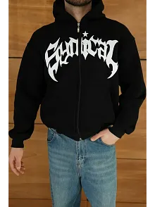 Erkek Kapüşonlu 3 İplik Şardonlu Önü Baskılı Fermuarlı Oversize Sweatshirt - Siyah