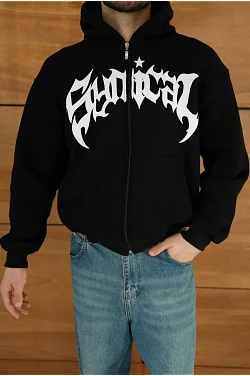 Erkek Kapüşonlu 3 İplik Şardonlu Önü Baskılı Fermuarlı Oversize Sweatshirt - Siyah Erkek Kapüşonlu 3 İplik Şardonlu Önü Baskılı Fermuarlı Oversize Sweatshirt - Siyah