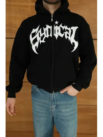 Erkek Kapüşonlu Sweatshirt  Hoodie 3 İplik Şardonlu Pamuklu Kumaş, Önü Baskılı, Fermuarlı Rahat Kalıp, Kışlık ve Sokak Stili Sweat - Siyah