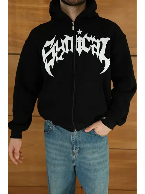 Erkek Kapüşonlu 3 İplik Şardonlu Önü Baskılı Fermuarlı Oversize Sweatshirt - Siyah