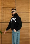 Erkek Kapüşonlu 3 İplik Şardonlu Önü Baskılı Fermuarlı Oversize Sweatshirt - Siyah