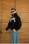 Erkek Kapüşonlu 3 İplik Şardonlu Önü Baskılı Fermuarlı Oversize Sweatshirt - Siyah
