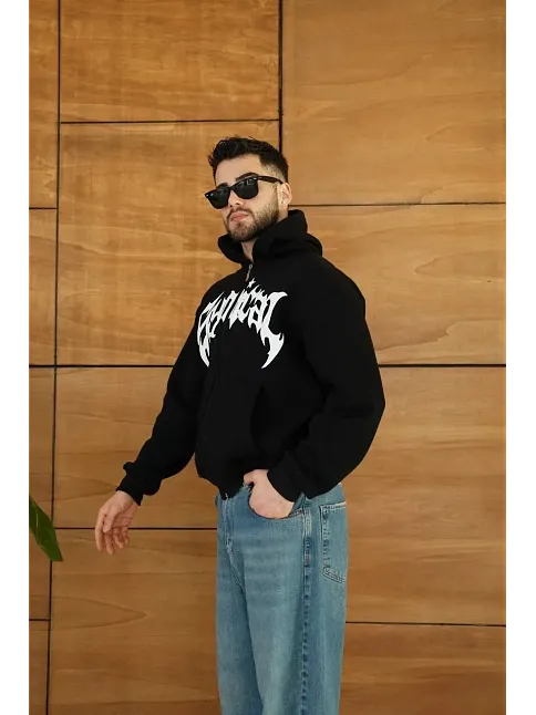 Erkek Kapüşonlu 3 İplik Şardonlu Önü Baskılı Fermuarlı Oversize Sweatshirt - Siyah