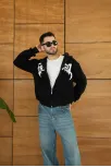 Erkek Kapüşonlu 3 İplik Şardonlu Önü Baskılı Fermuarlı Oversize Sweatshirt - Siyah