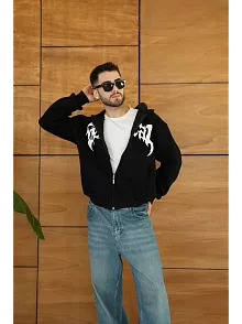Erkek Kapüşonlu 3 İplik Şardonlu Önü Baskılı Fermuarlı Oversize Sweatshirt - Siyah