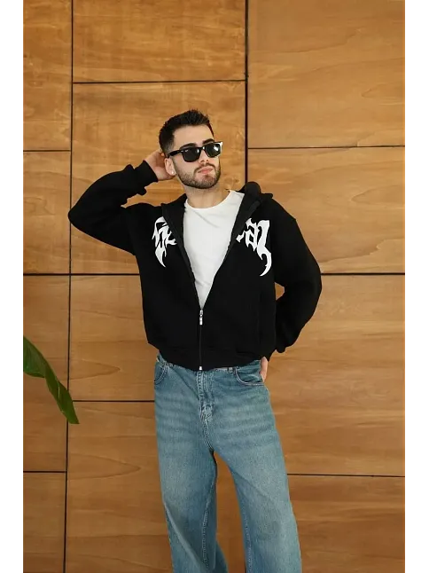Erkek Kapüşonlu 3 İplik Şardonlu Önü Baskılı Fermuarlı Oversize Sweatshirt - Siyah
