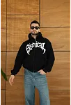 Erkek Kapüşonlu 3 İplik Şardonlu Önü Baskılı Fermuarlı Oversize Sweatshirt - Siyah