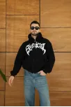 Erkek Kapüşonlu 3 İplik Şardonlu Önü Baskılı Fermuarlı Oversize Sweatshirt - Siyah