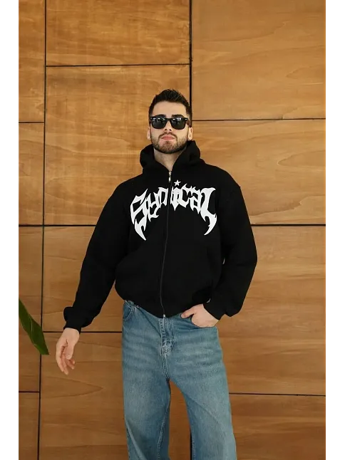 Erkek Kapüşonlu 3 İplik Şardonlu Önü Baskılı Fermuarlı Oversize Sweatshirt - Siyah