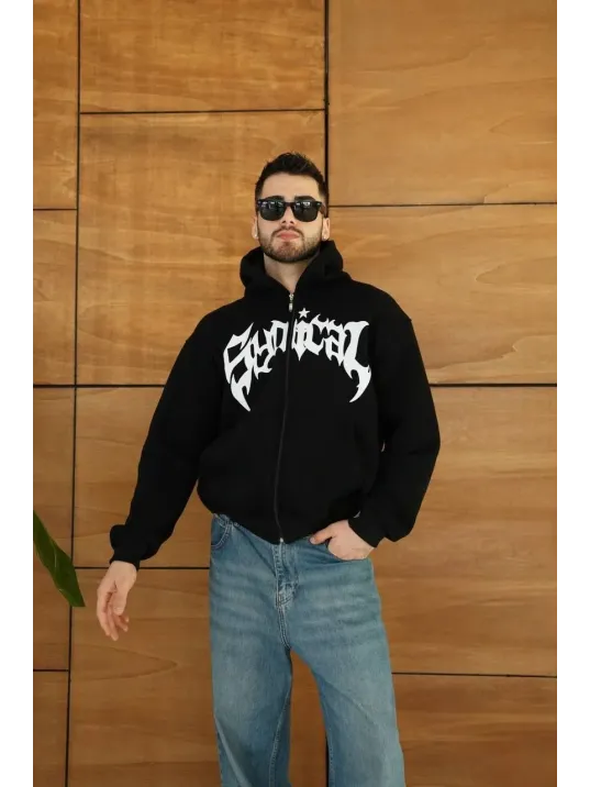 Erkek Kapüşonlu Sweatshirt Hoodie 3 İplik Şardonlu Pamuklu Kumaş, Önü Baskılı, Fermuarlı Rahat Kalıp, Kışlık ve Sokak Stili Sweat - Siyah Erkek Kapüşonlu Sweatshirt Hoodie 3 İplik Şardonlu Pamuklu Kumaş, Önü Baskılı, Fermuarlı Rahat Kalıp, Kışlık ve Sokak Stili Sweat - Siyah