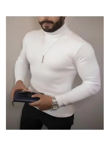 Erkek Kaşkorse Boğazlı Full Likralı Fitilli Body Kazak - Beyaz