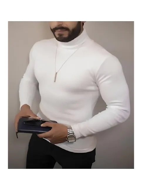 Erkek Kaşkorse Boğazlı Full Likralı Fitilli Body Kazak - Beyaz