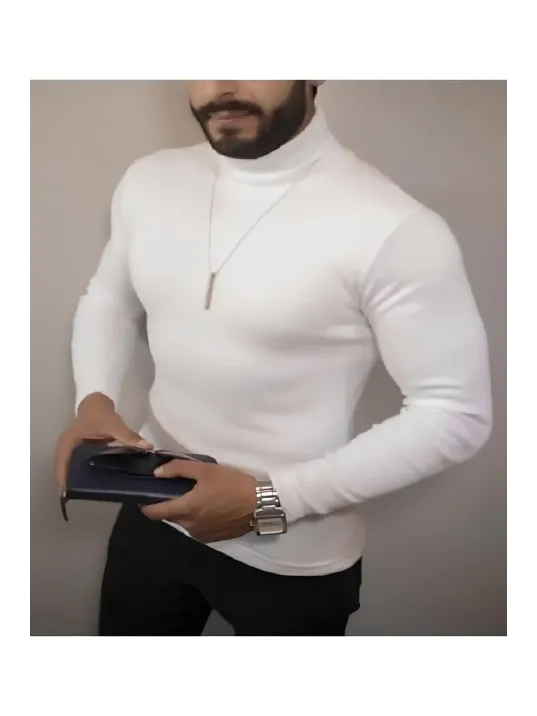 Erkek Kaşkorse Boğazlı Full Likralı Fitilli Body Kazak - Beyaz