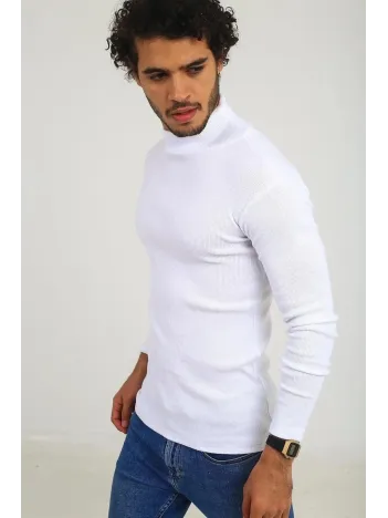 Erkek Kaşkorse Boğazlı Full Likralı Fitilli Body Kazak - Beyaz