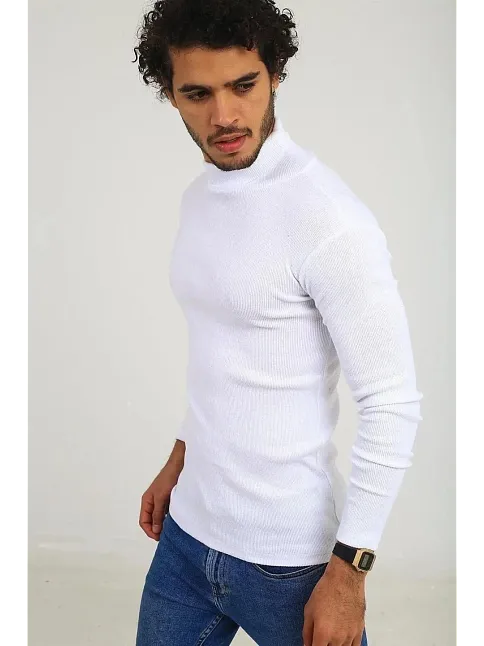 Erkek Kaşkorse Boğazlı Full Likralı Fitilli Body Kazak - Beyaz